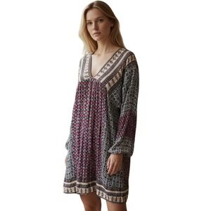 Umgee Patchwork Tunic Top‎ Womens Sz 2XL Boho Navy Pink V Neck Tie Back